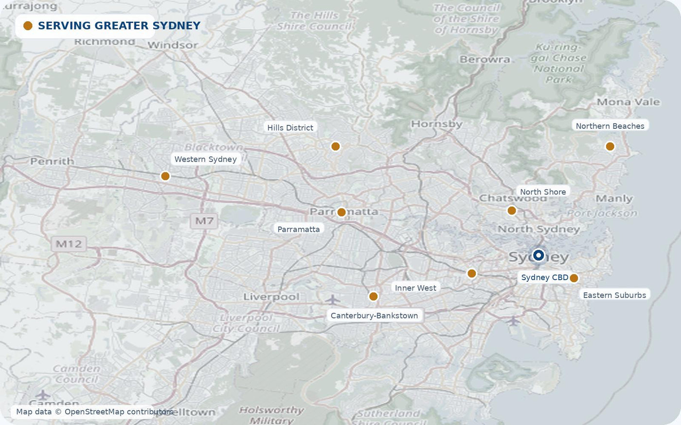 Map of garage door repair service areas across Greater Sydney