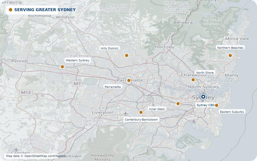 Map of garage door repair service areas across Greater Sydney